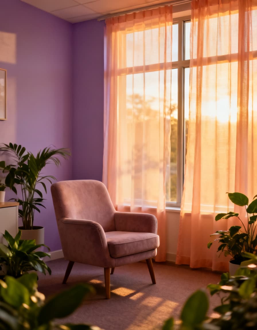 Studio di psicoterapia accogliente: poltrona e luce calda